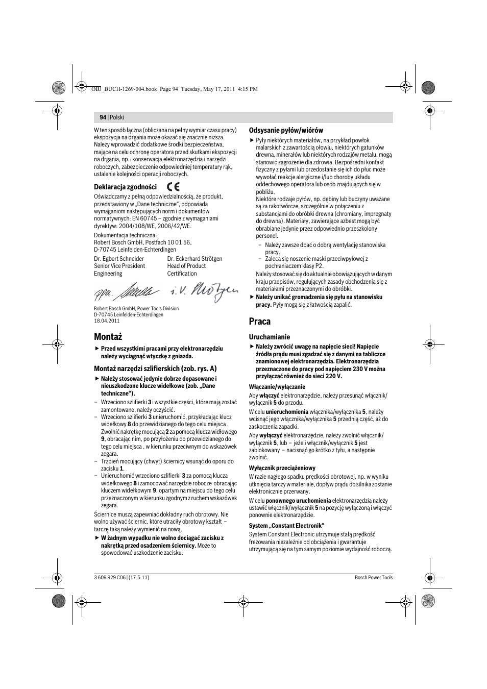 Montaż, Praca | Bosch GGS 8 CE Professional User Manual | Page 94 / 196