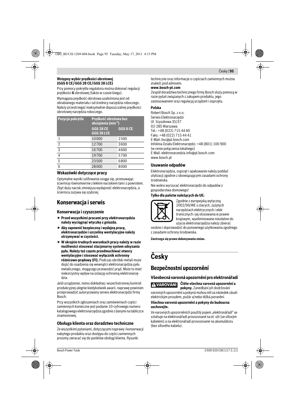 Česky, Konserwacja i serwis, Bezpečnostní upozornění | Bosch GGS 8 CE Professional User Manual | Page 95 / 196