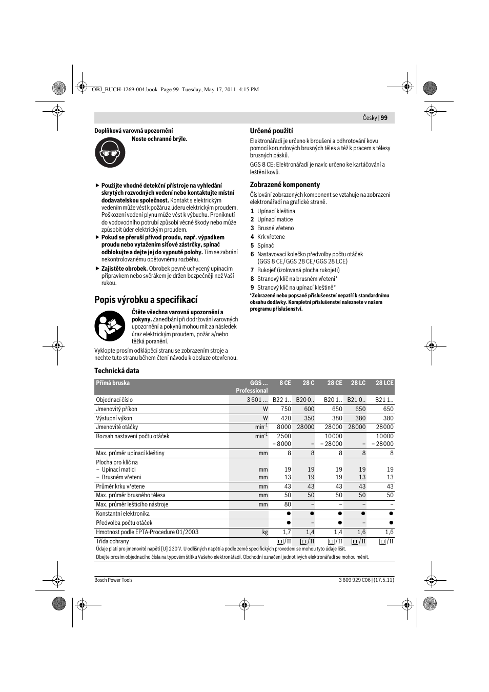 Popis výrobku a specifikací | Bosch GGS 8 CE Professional User Manual | Page 99 / 196