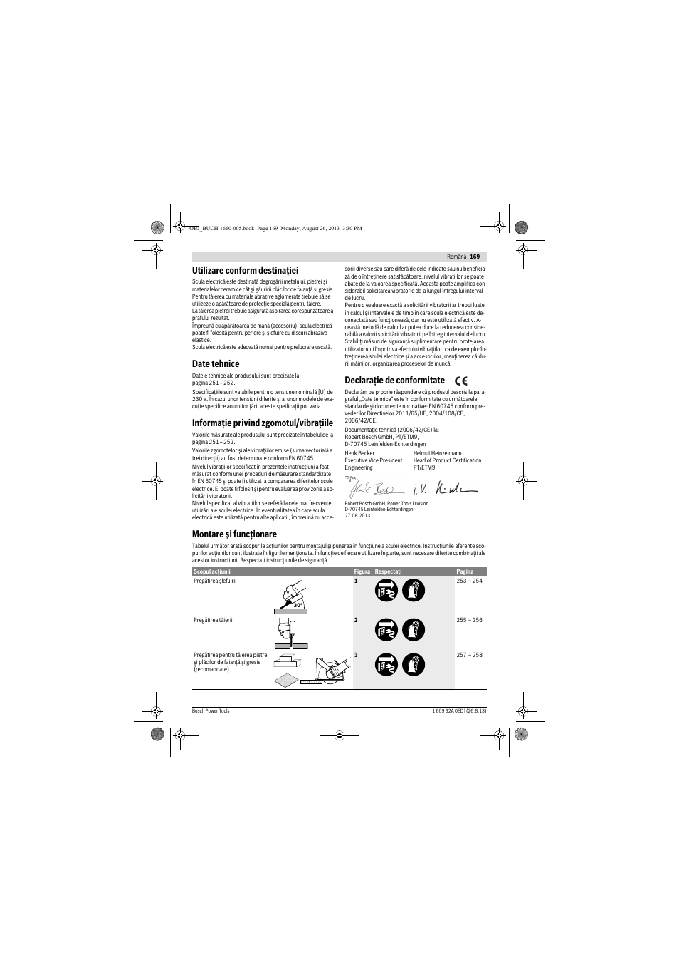 Utilizare conform destinaţiei, Date tehnice, Informaţie privind zgomotul/vibraţiile | Declaraţie de conformitate, Montare şi funcţionare | Bosch GWS 15-125 CIEP Professional User Manual | Page 169 / 271