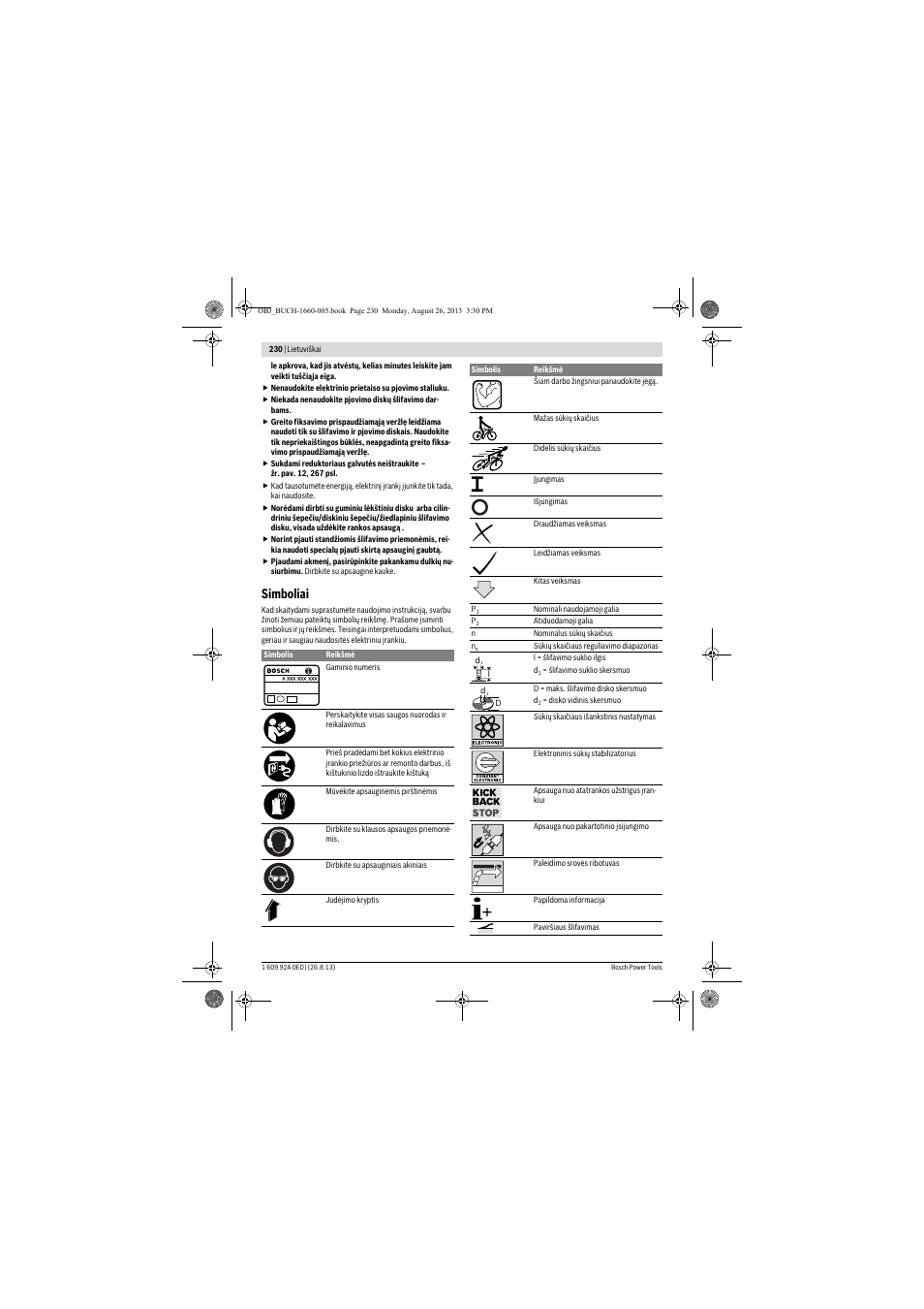 Simboliai | Bosch GWS 15-125 CIEP Professional User Manual | Page 230 / 271