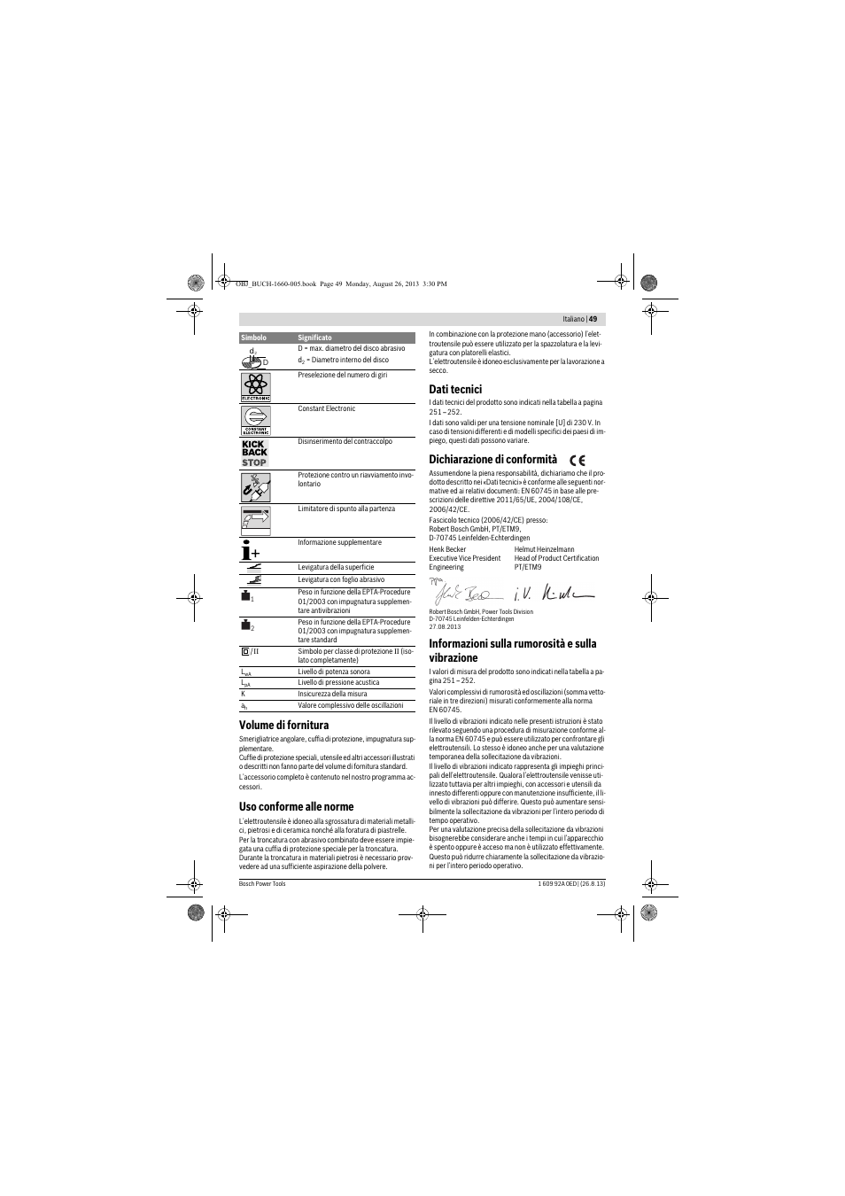 Volume di fornitura, Uso conforme alle norme, Dati tecnici | Dichiarazione di conformità, Informazioni sulla rumorosità e sulla vibrazione | Bosch GWS 15-125 CIEP Professional User Manual | Page 49 / 271