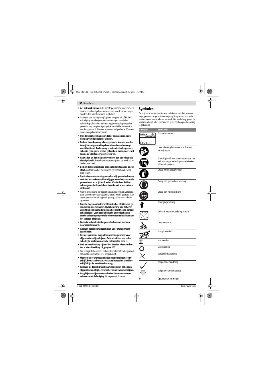 Symbolen | Bosch GWS 15-125 CIEP Professional User Manual | Page 56 / 271