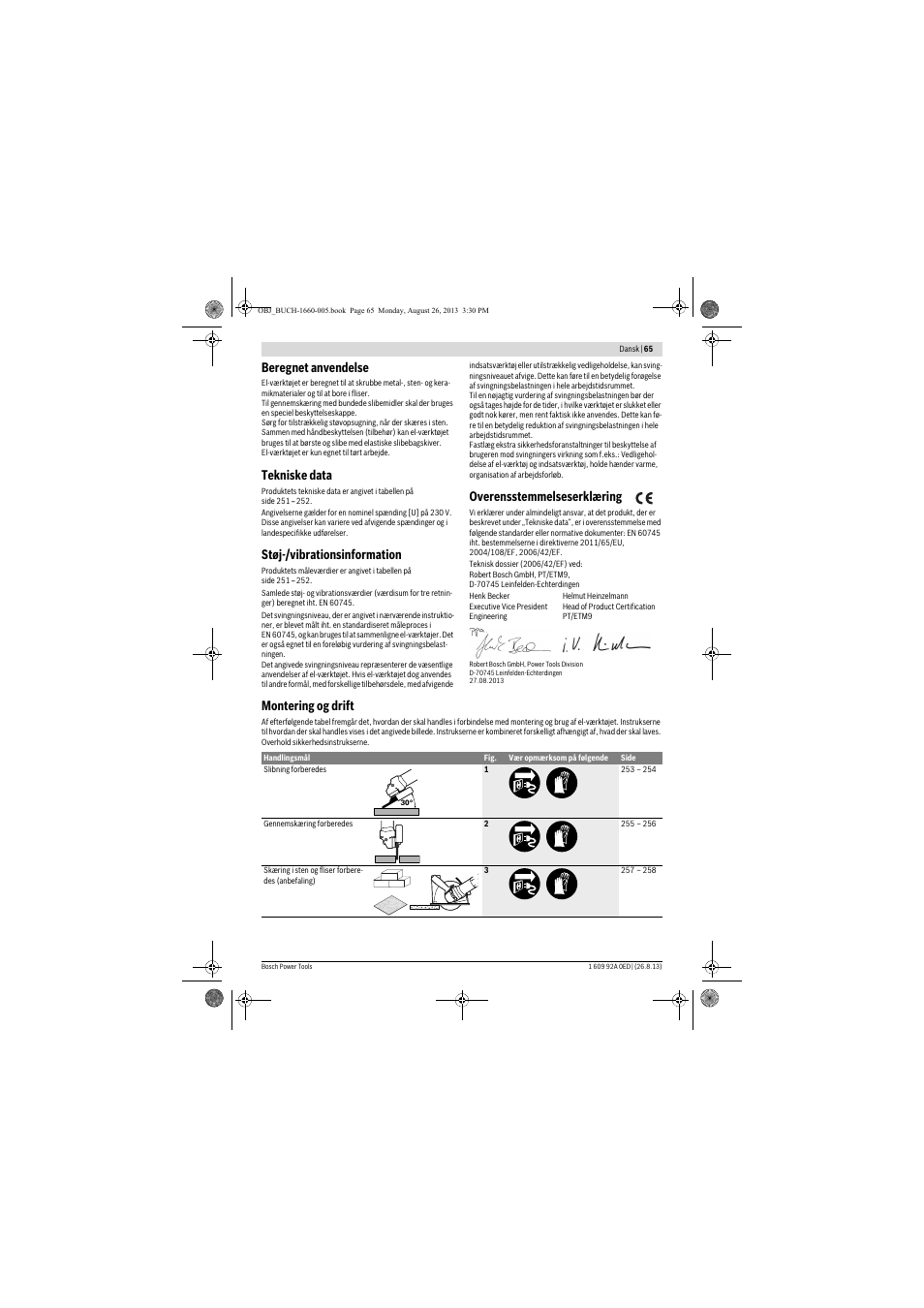 Beregnet anvendelse, Tekniske data, Støj-/vibrationsinformation | Overensstemmelseserklæring, Montering og drift | Bosch GWS 15-125 CIEP Professional User Manual | Page 65 / 271