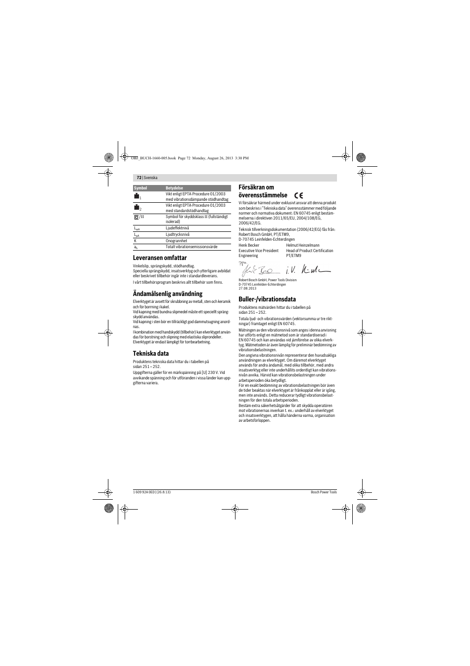 Leveransen omfattar, Ändamålsenlig användning, Tekniska data | Försäkran om överensstämmelse, Buller-/vibrationsdata | Bosch GWS 15-125 CIEP Professional User Manual | Page 72 / 271