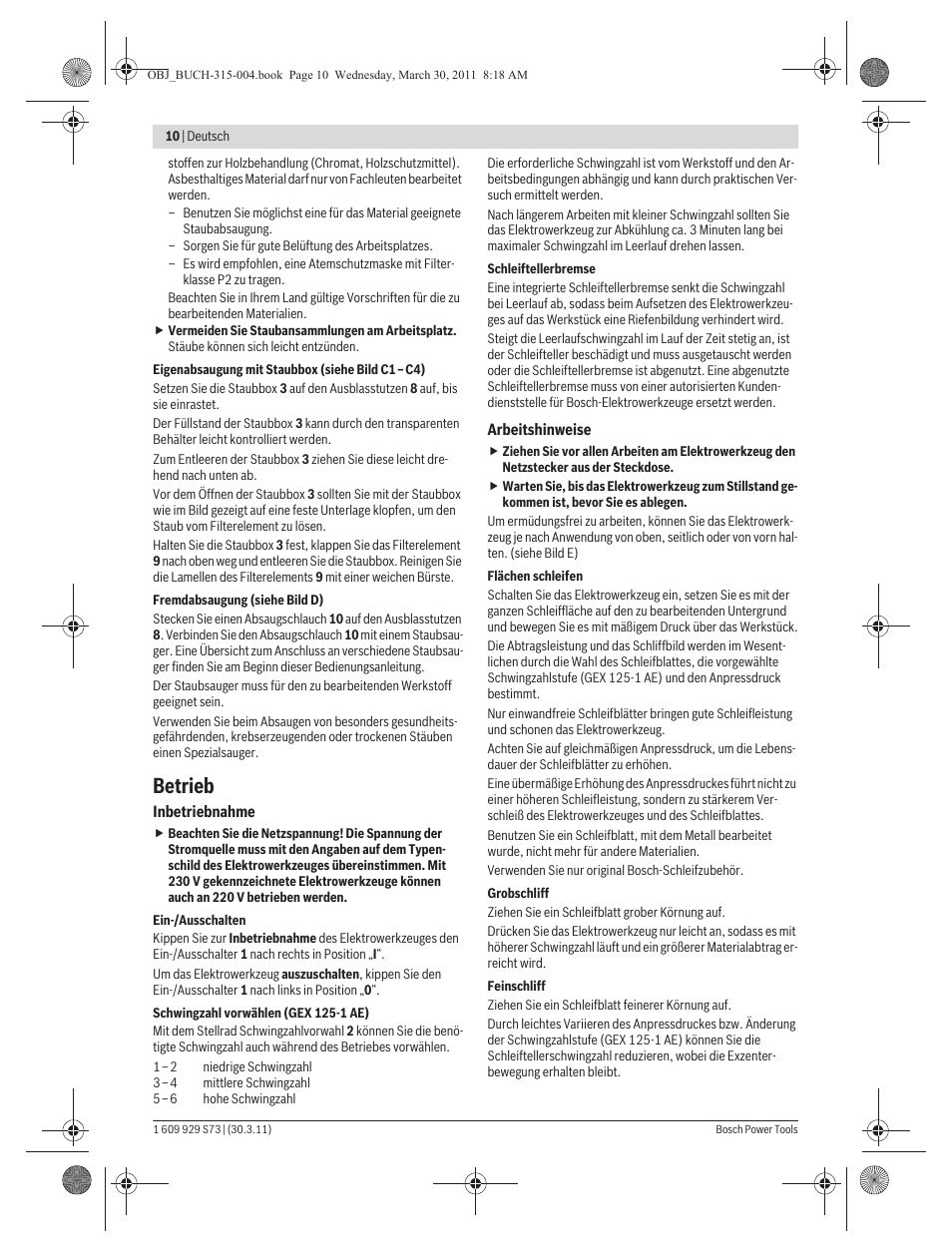 Betrieb | Bosch GEX 125-1 AE Professional User Manual | Page 10 / 173