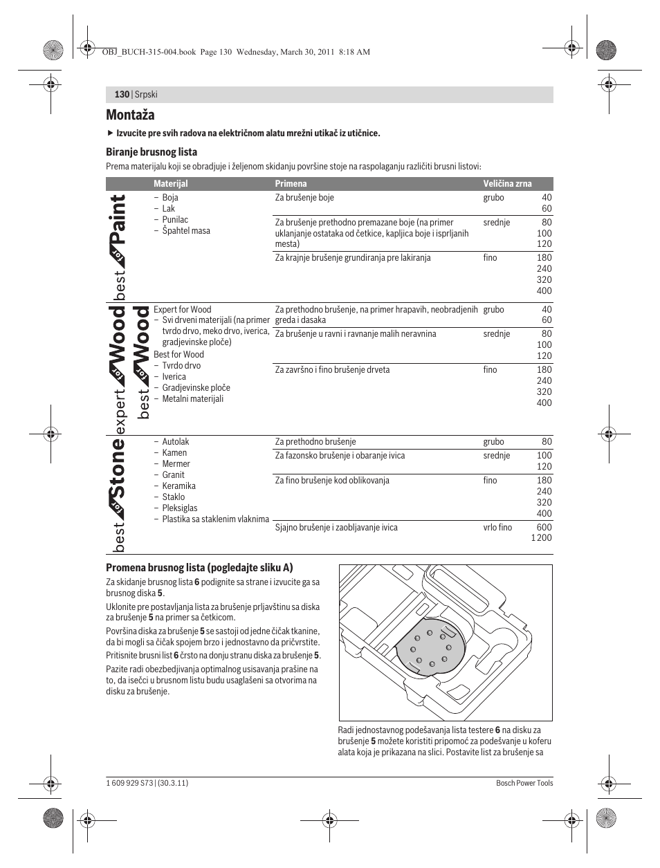 Montaža | Bosch GEX 125-1 AE Professional User Manual | Page 130 / 173