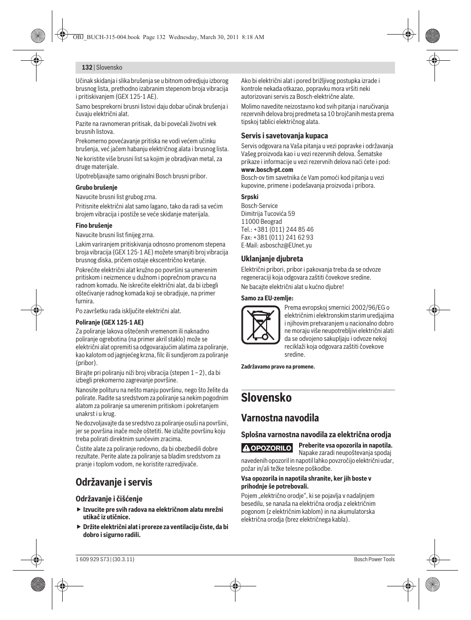 Slovensko, Održavanje i servis, Varnostna navodila | Bosch GEX 125-1 AE Professional User Manual | Page 132 / 173