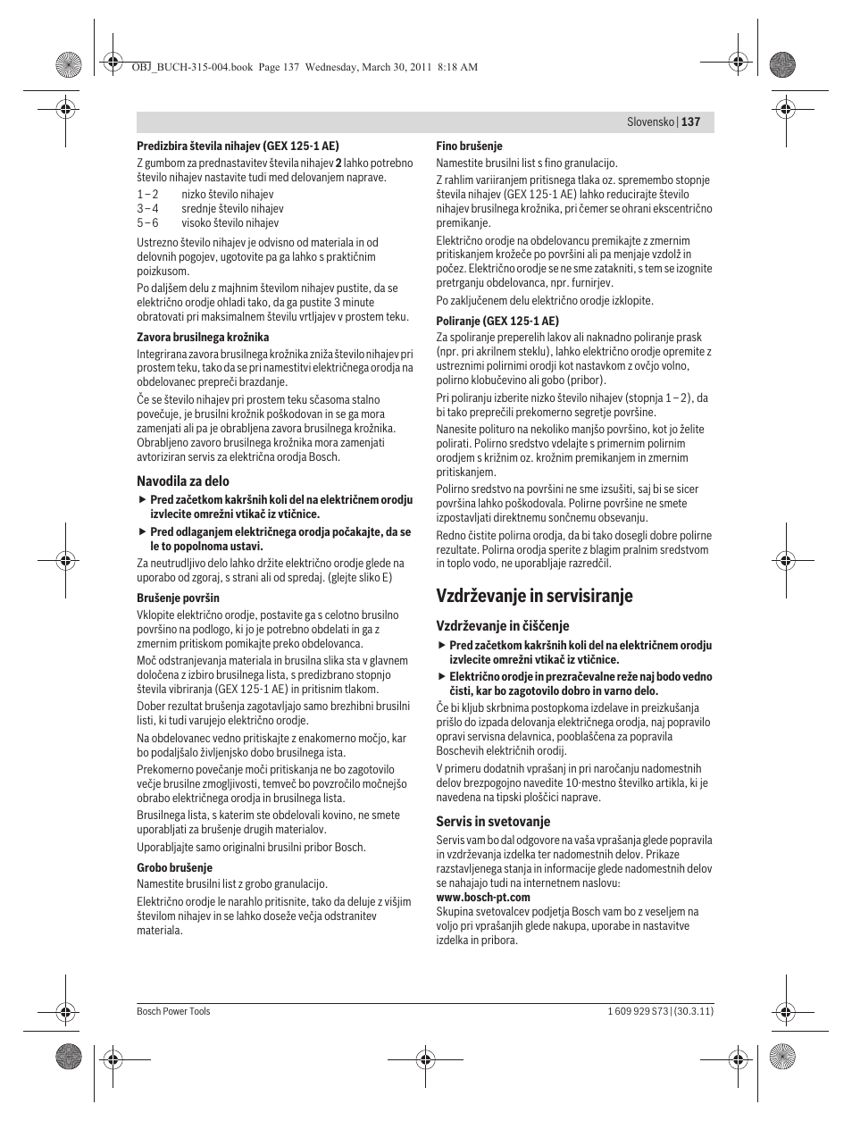 Vzdrževanje in servisiranje | Bosch GEX 125-1 AE Professional User Manual | Page 137 / 173