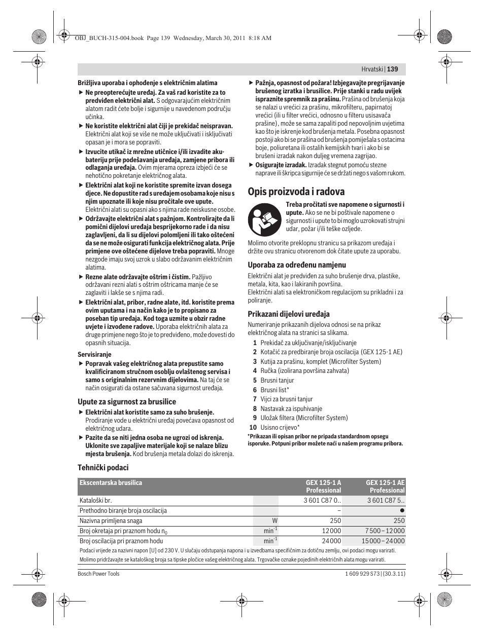 Opis proizvoda i radova | Bosch GEX 125-1 AE Professional User Manual | Page 139 / 173