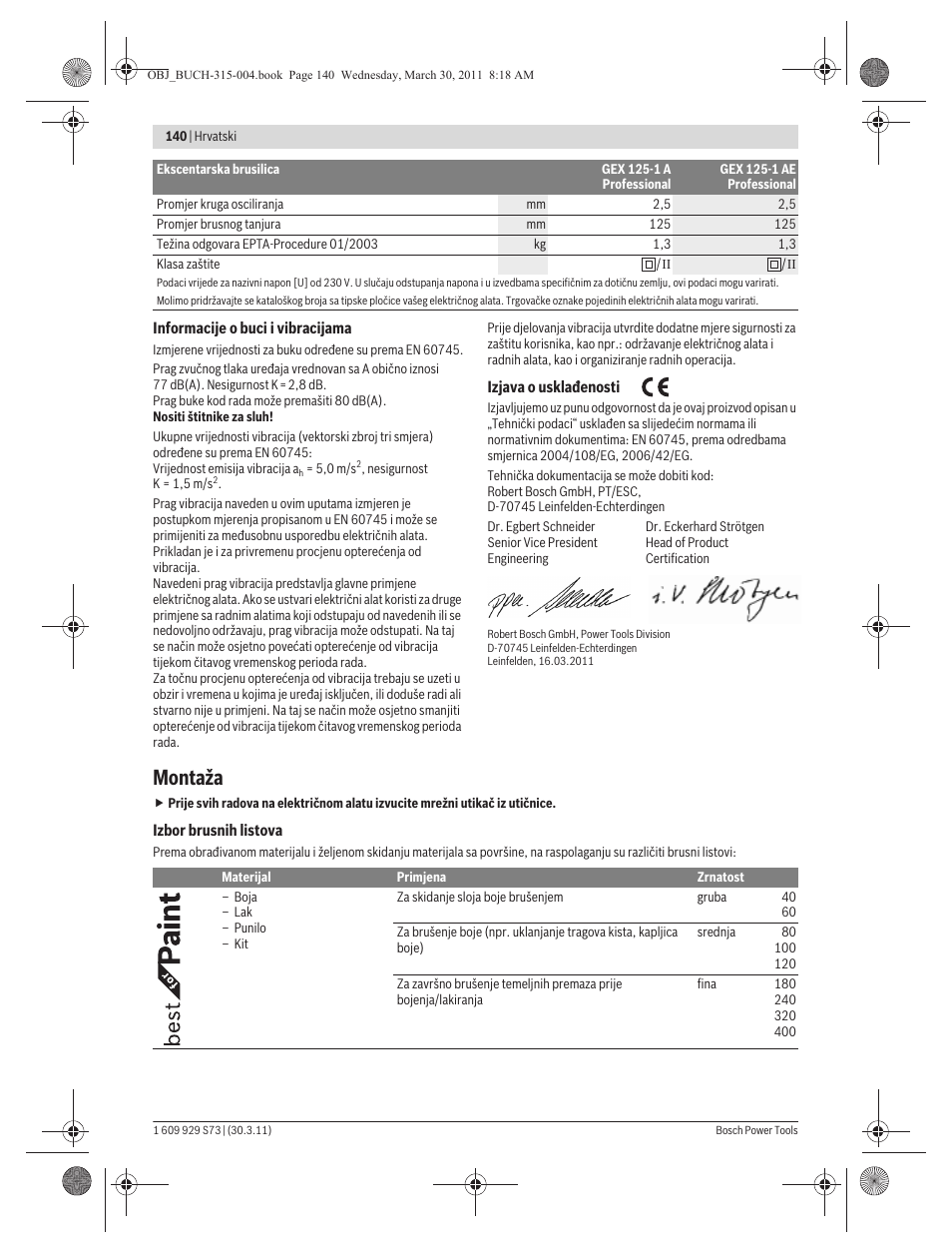 Montaža | Bosch GEX 125-1 AE Professional User Manual | Page 140 / 173