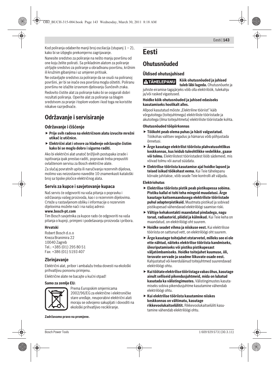 Eesti, Održavanje i servisiranje, Ohutusnõuded | Bosch GEX 125-1 AE Professional User Manual | Page 143 / 173