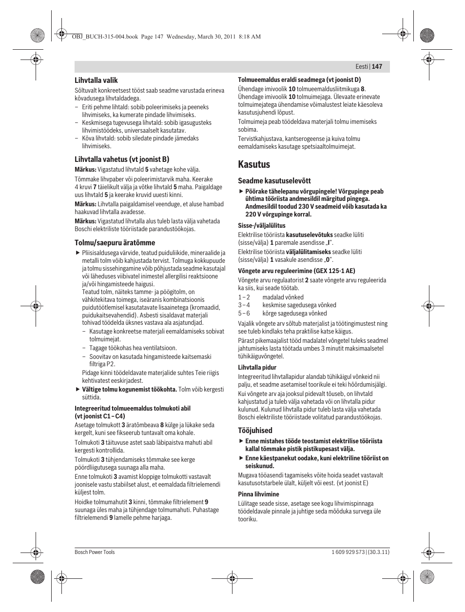 Kasutus | Bosch GEX 125-1 AE Professional User Manual | Page 147 / 173