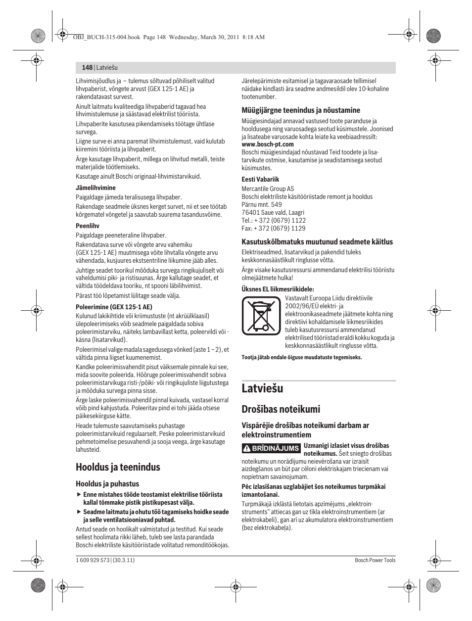 Latviešu, Hooldus ja teenindus | Bosch GEX 125-1 AE Professional User Manual | Page 148 / 173