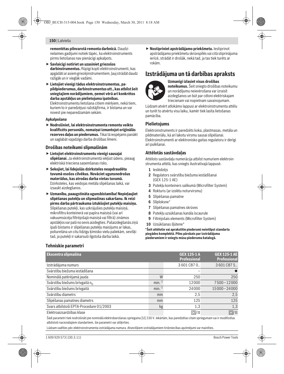 Izstrādājuma un tā darbības apraksts | Bosch GEX 125-1 AE Professional User Manual | Page 150 / 173