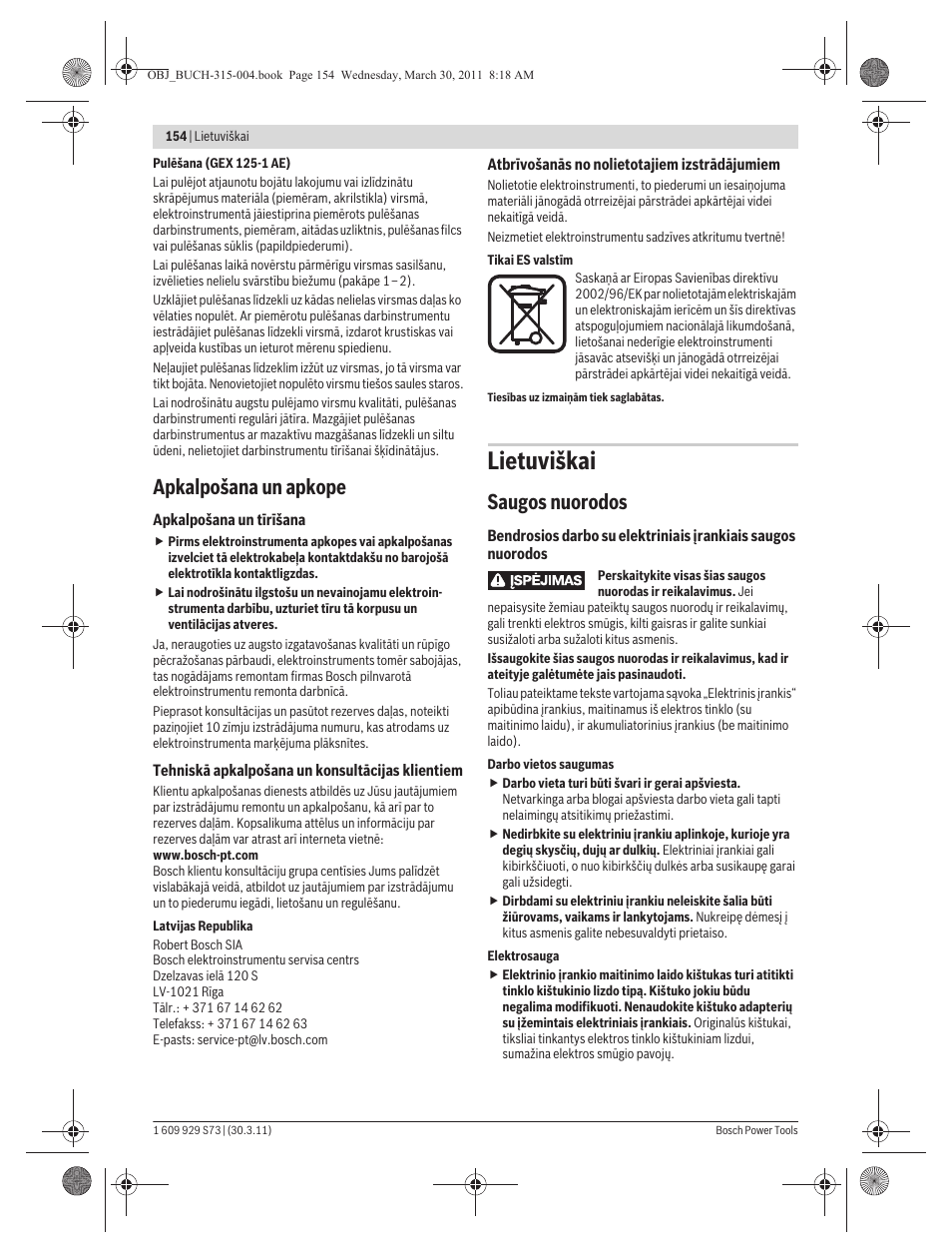 Lietuviškai, Apkalpošana un apkope, Saugos nuorodos | Bosch GEX 125-1 AE Professional User Manual | Page 154 / 173