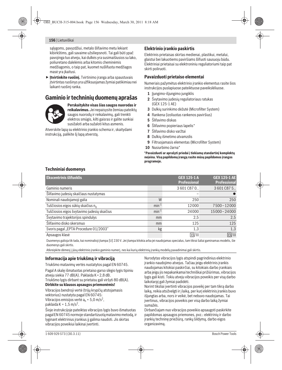 Gaminio ir techninių duomenų aprašas | Bosch GEX 125-1 AE Professional User Manual | Page 156 / 173