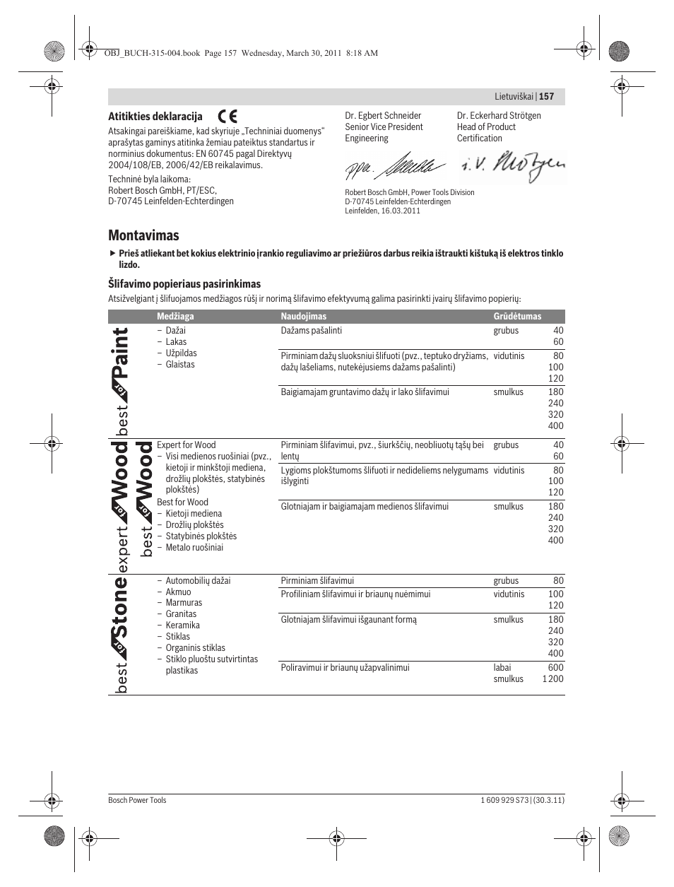 Montavimas | Bosch GEX 125-1 AE Professional User Manual | Page 157 / 173