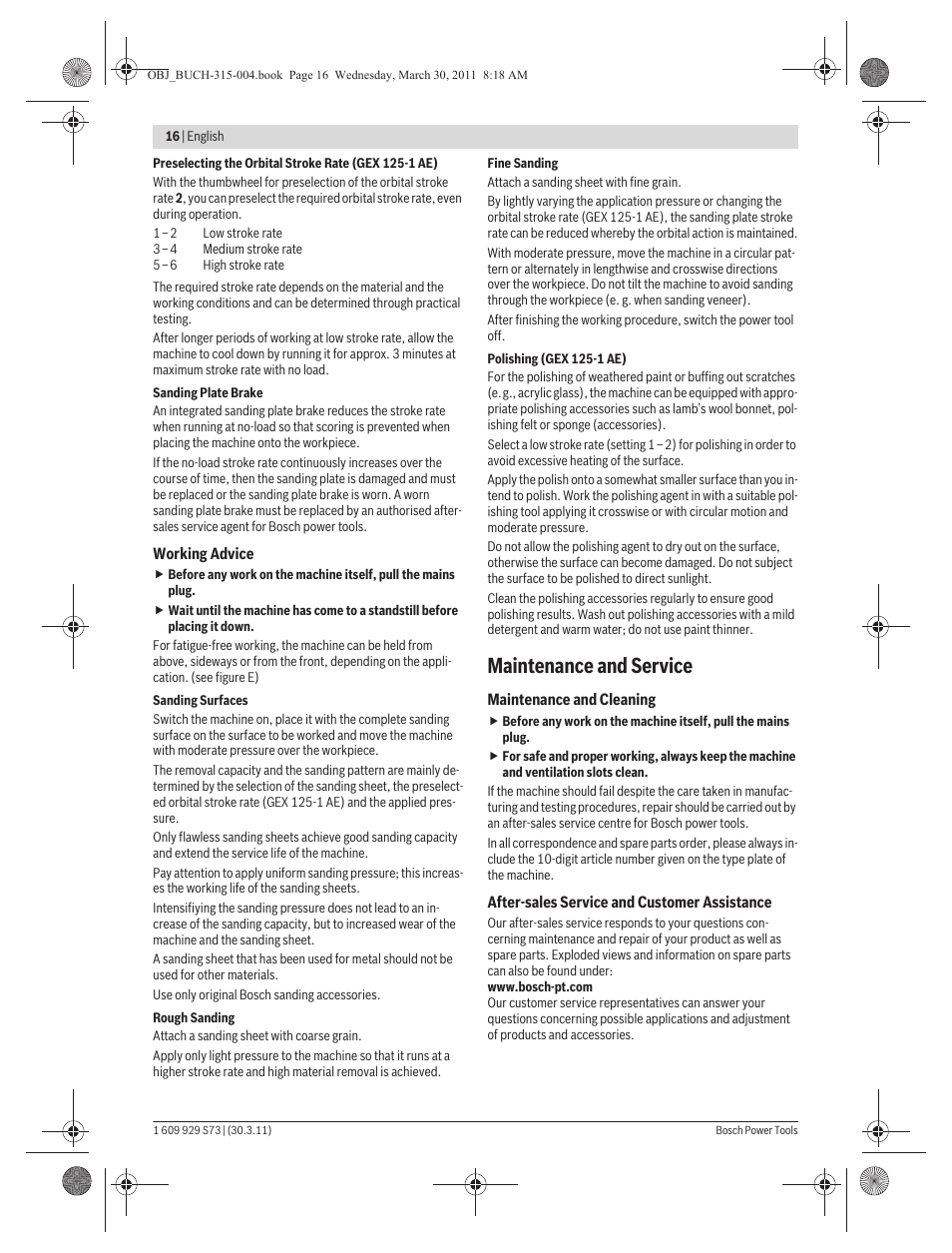 Maintenance and service | Bosch GEX 125-1 AE Professional User Manual | Page 16 / 173
