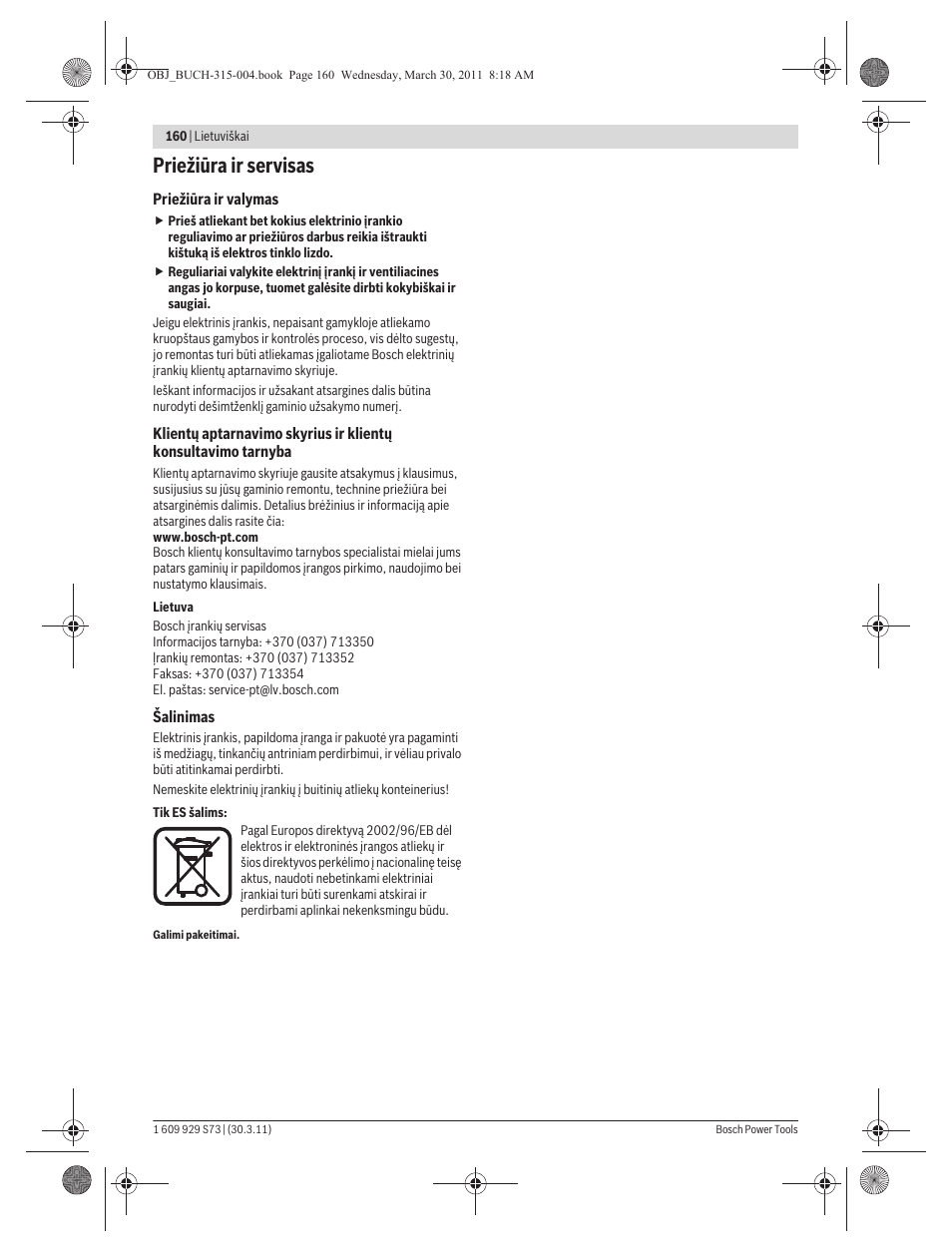 Priežiūra ir servisas | Bosch GEX 125-1 AE Professional User Manual | Page 160 / 173