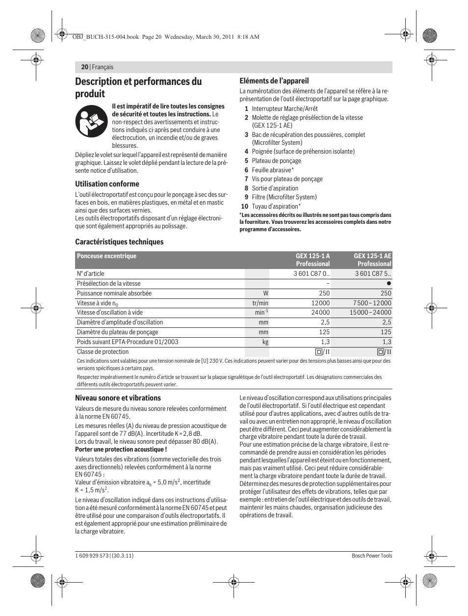 Description et performances du produit | Bosch GEX 125-1 AE Professional User Manual | Page 20 / 173