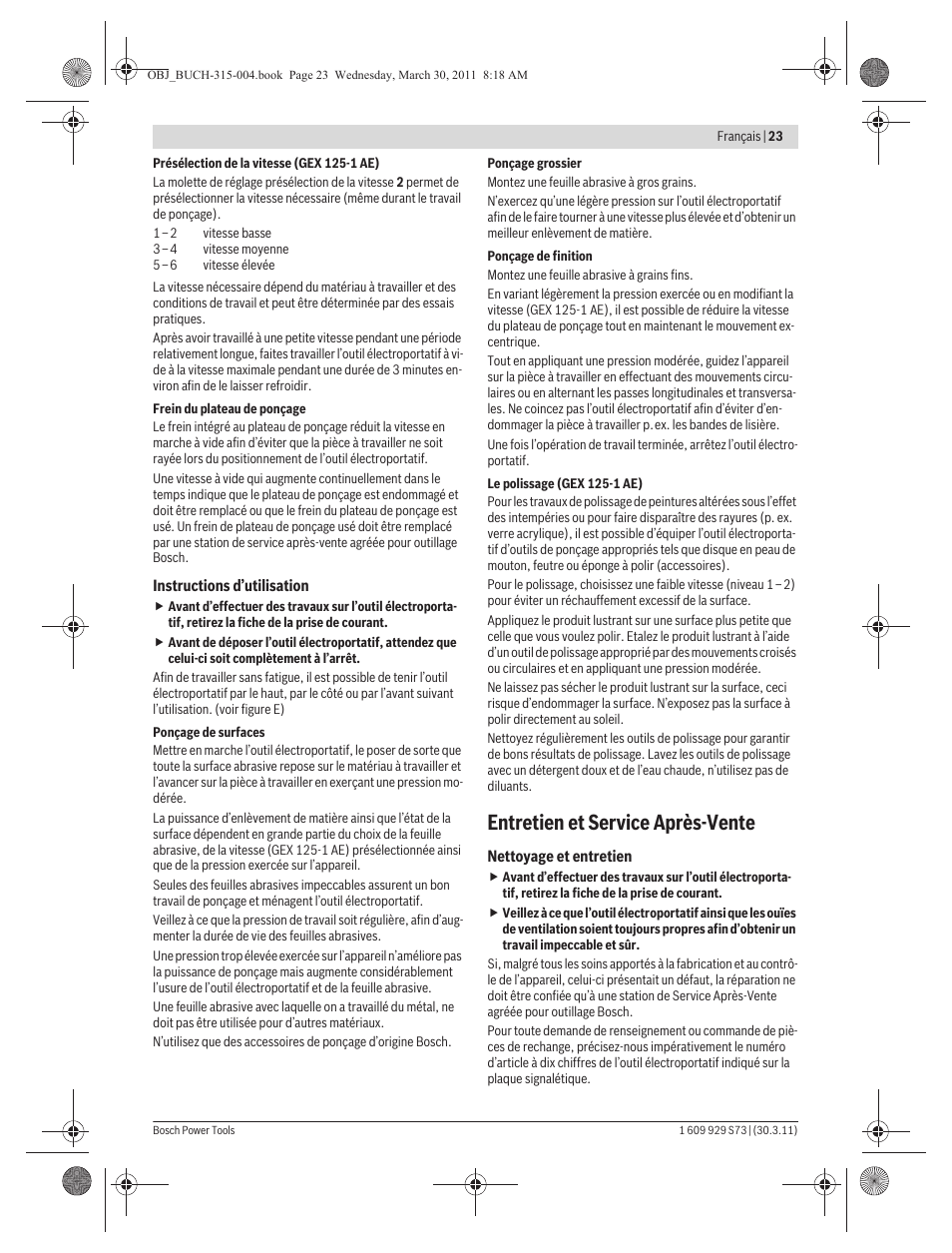 Entretien et service après-vente | Bosch GEX 125-1 AE Professional User Manual | Page 23 / 173