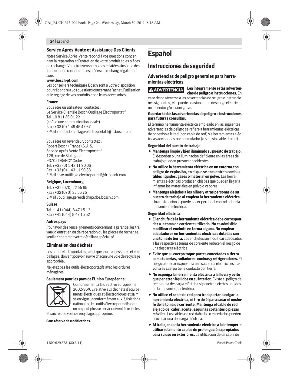 Español, Instrucciones de seguridad | Bosch GEX 125-1 AE Professional User Manual | Page 24 / 173