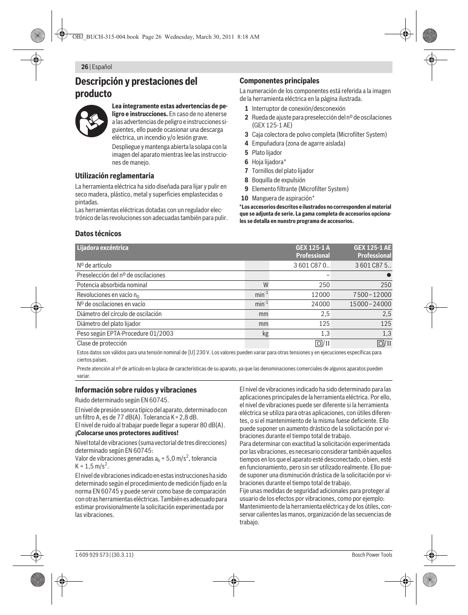 Descripción y prestaciones del producto | Bosch GEX 125-1 AE Professional User Manual | Page 26 / 173
