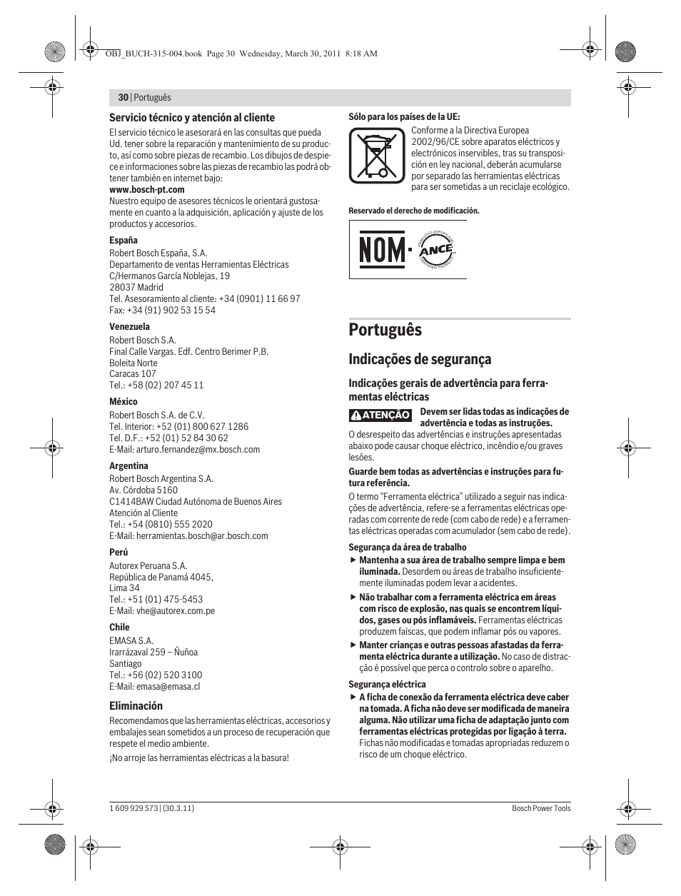 Português, Indicações de segurança, Servicio técnico y atención al cliente | Eliminación | Bosch GEX 125-1 AE Professional User Manual | Page 30 / 173