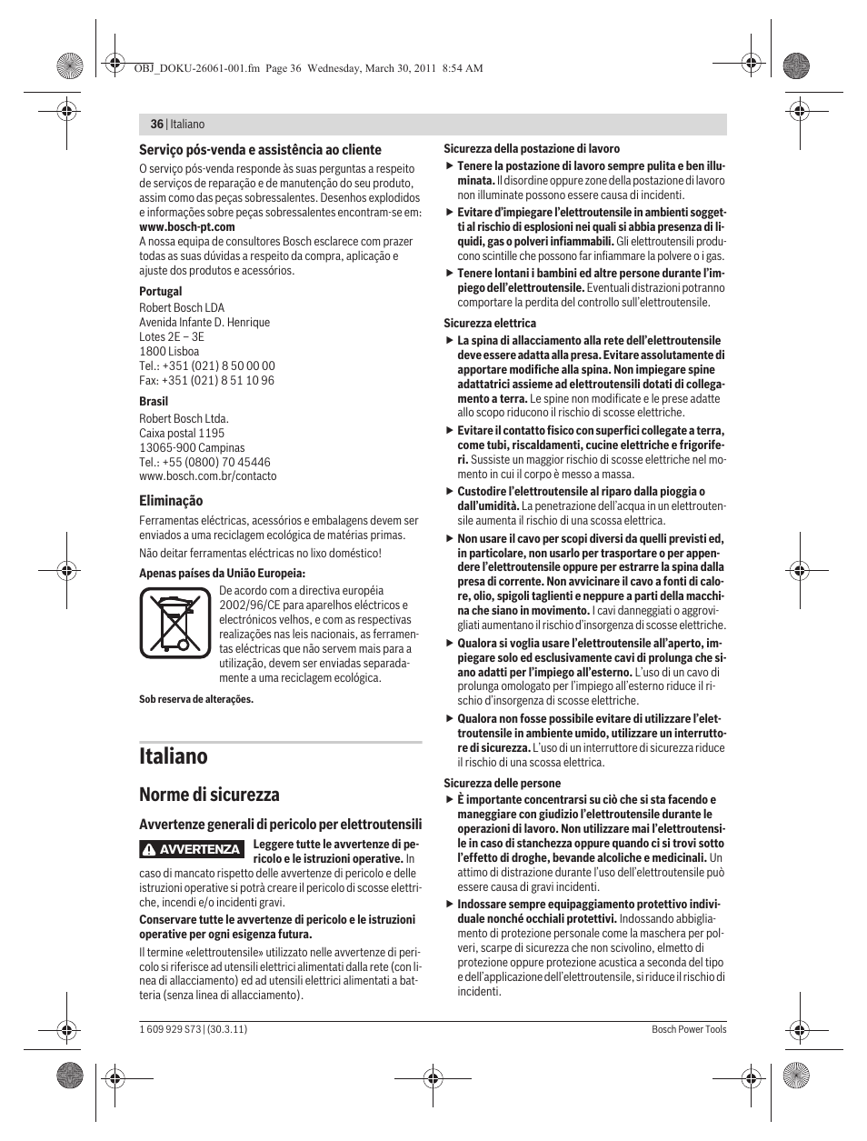 Italiano, Norme di sicurezza | Bosch GEX 125-1 AE Professional User Manual | Page 36 / 173