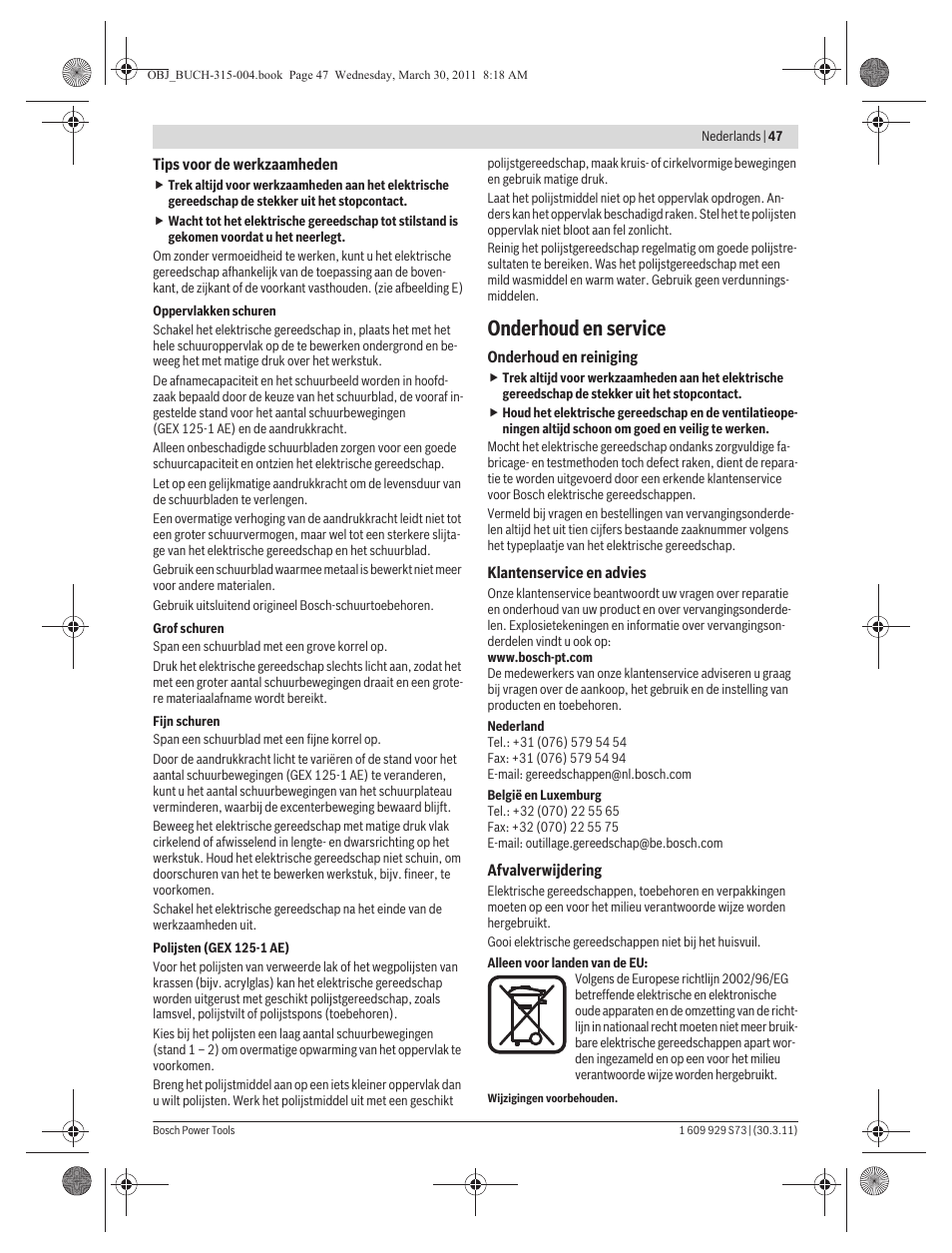 Onderhoud en service | Bosch GEX 125-1 AE Professional User Manual | Page 47 / 173