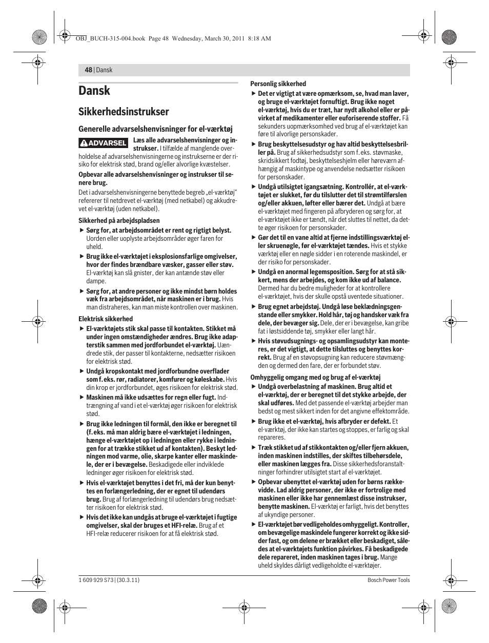 Dansk, Sikkerhedsinstrukser | Bosch GEX 125-1 AE Professional User Manual | Page 48 / 173