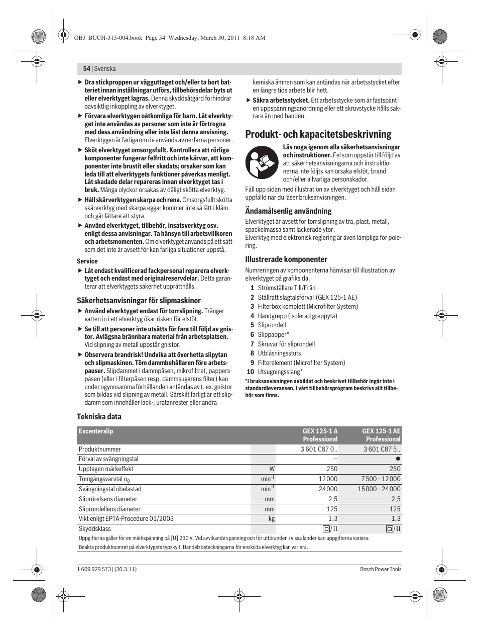 Produkt- och kapacitetsbeskrivning | Bosch GEX 125-1 AE Professional User Manual | Page 54 / 173