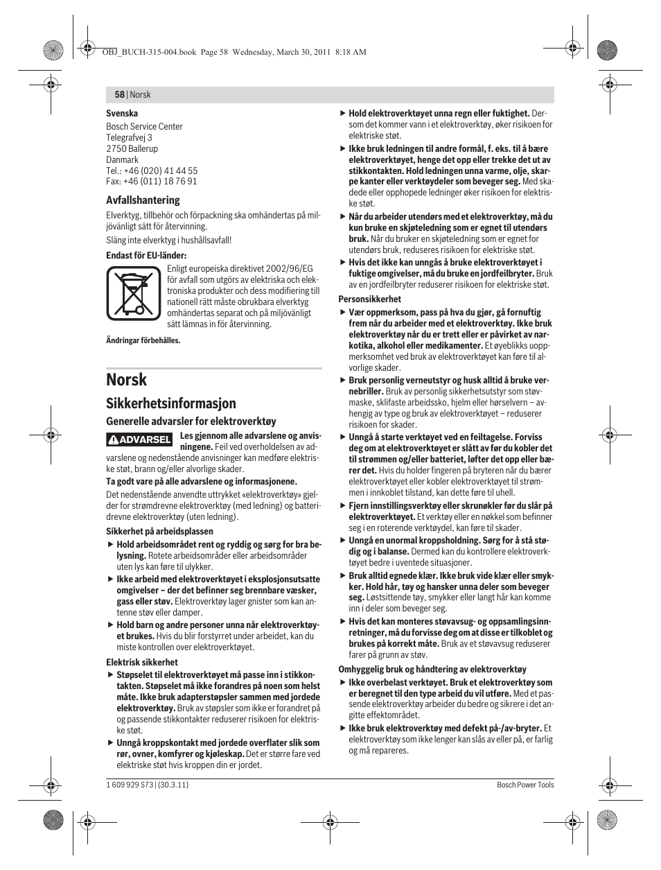 Norsk, Sikkerhetsinformasjon | Bosch GEX 125-1 AE Professional User Manual | Page 58 / 173