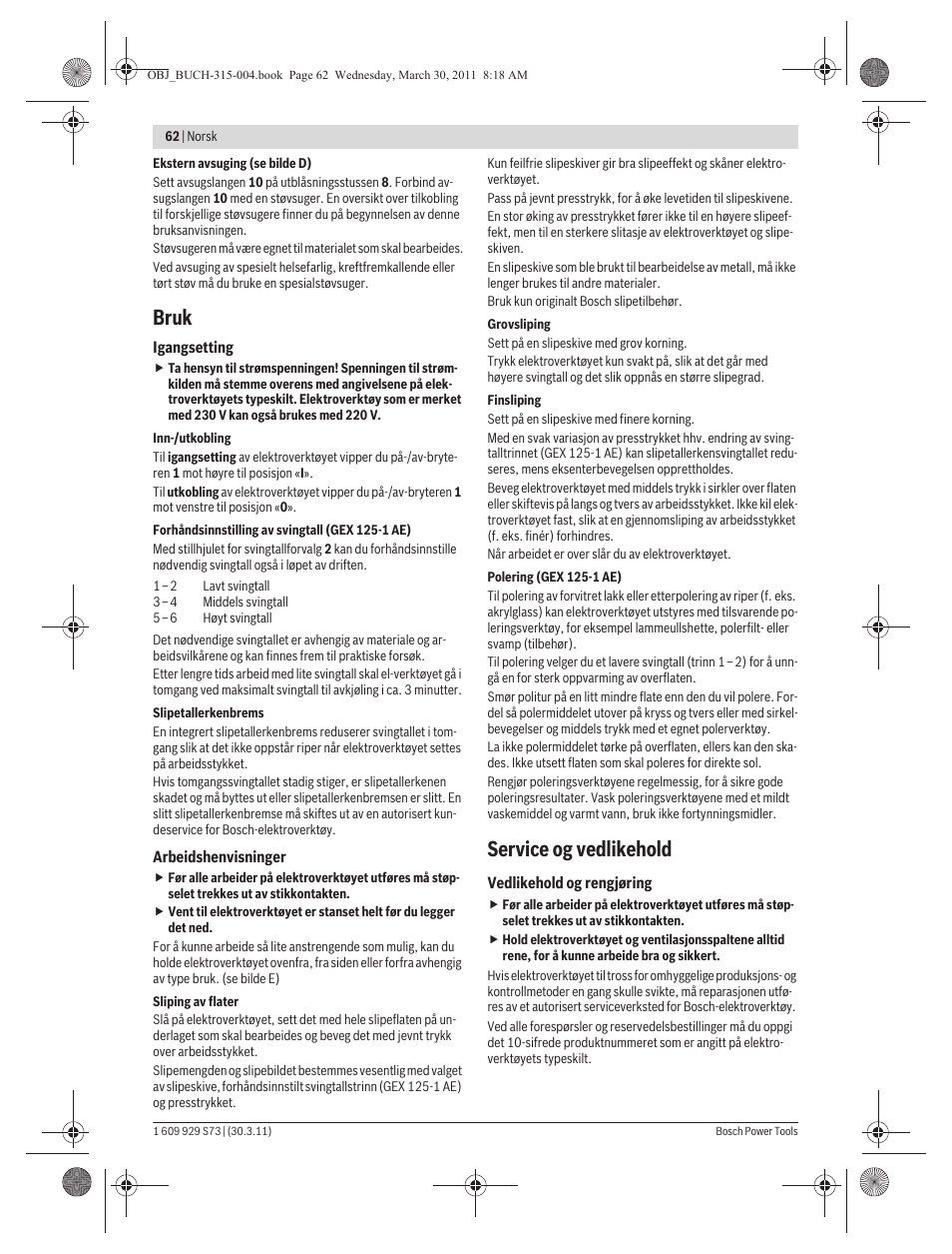 Bruk, Service og vedlikehold | Bosch GEX 125-1 AE Professional User Manual | Page 62 / 173