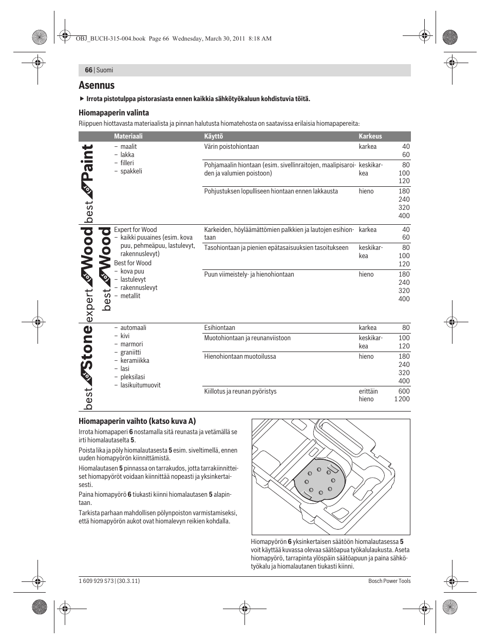 Asennus | Bosch GEX 125-1 AE Professional User Manual | Page 66 / 173