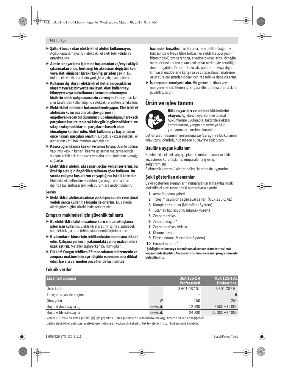 Ürün ve işlev tan m | Bosch GEX 125-1 AE Professional User Manual | Page 76 / 173