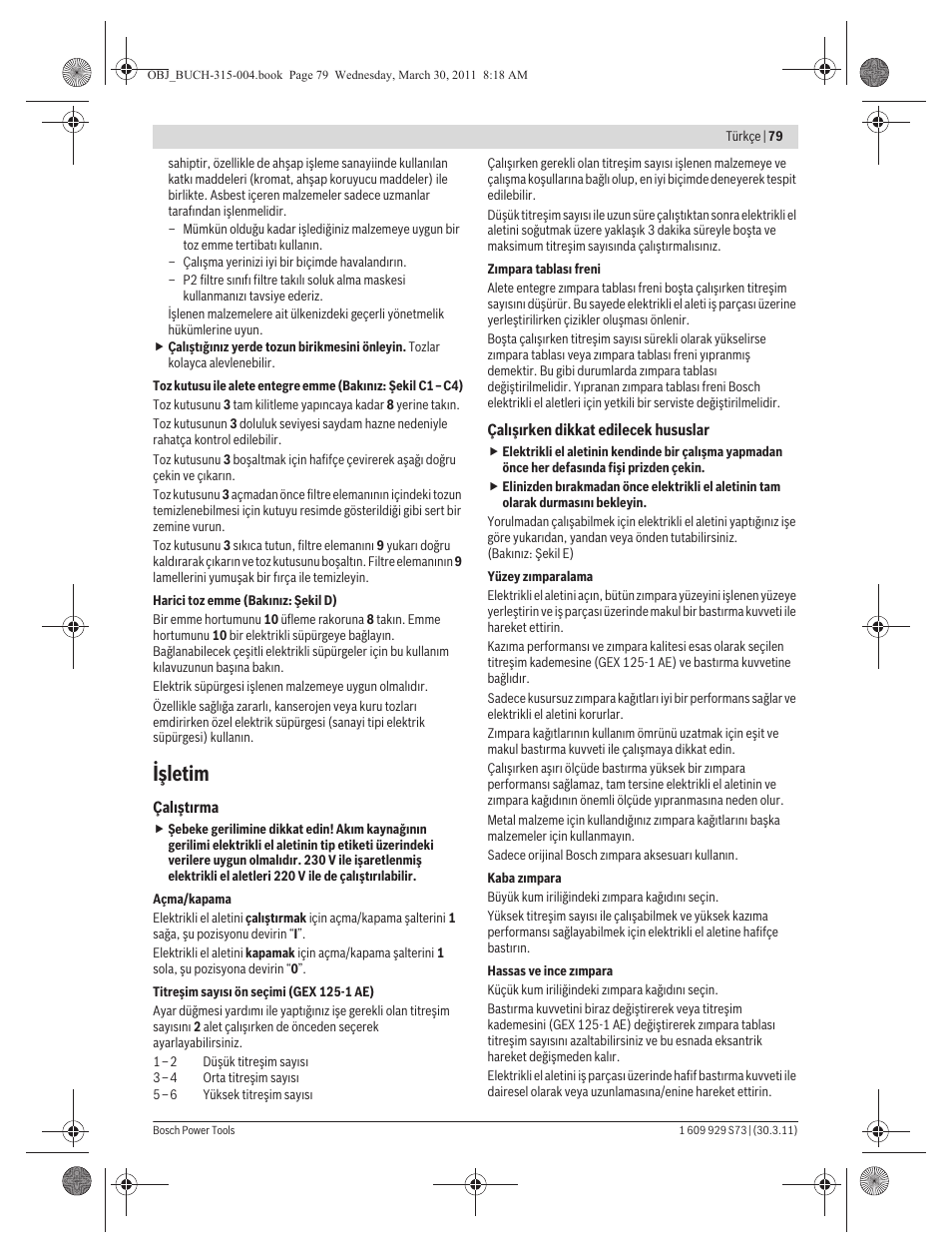 Işletim | Bosch GEX 125-1 AE Professional User Manual | Page 79 / 173