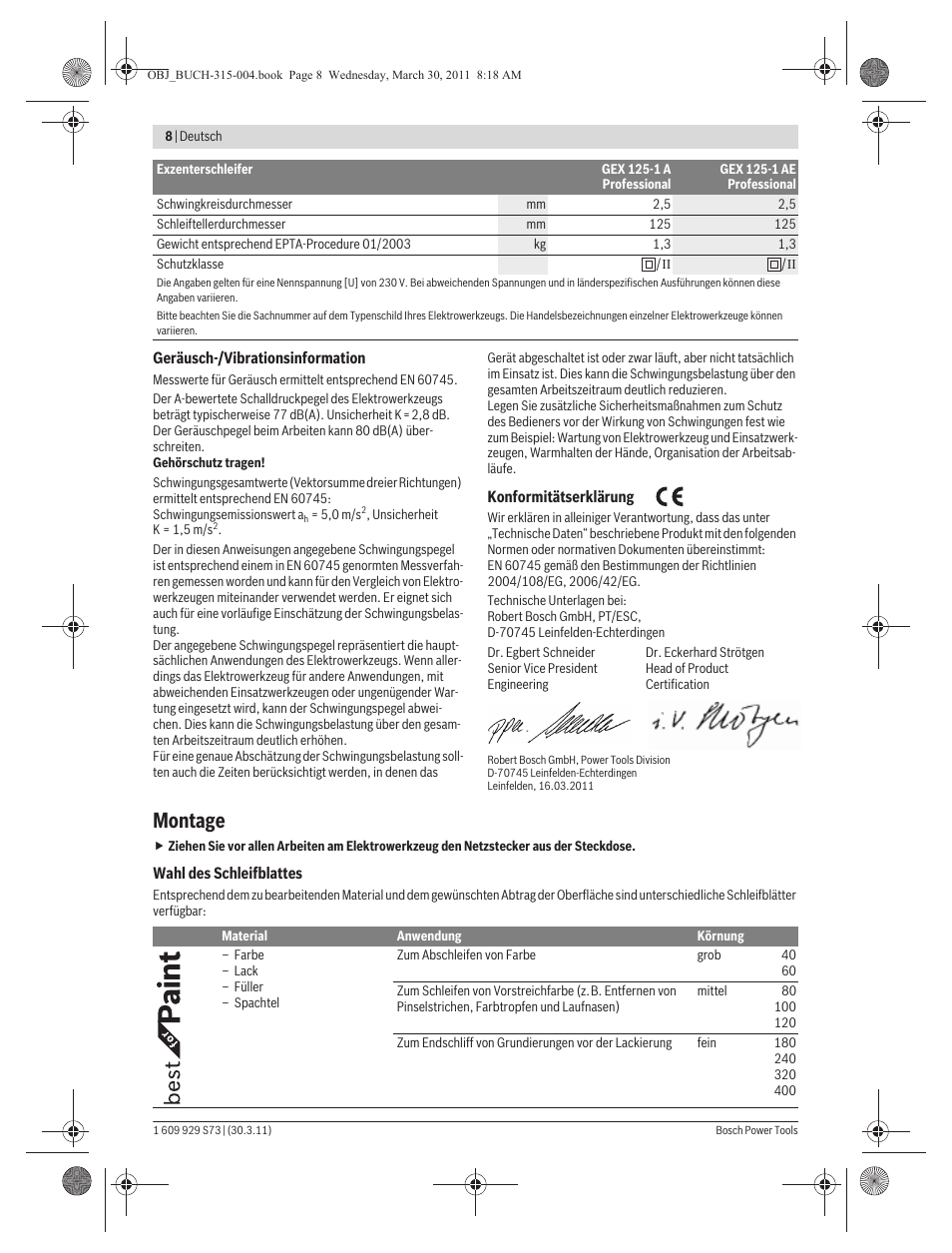 Montage | Bosch GEX 125-1 AE Professional User Manual | Page 8 / 173