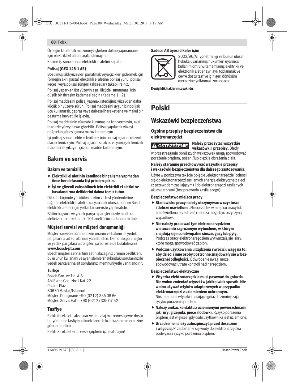 Polski, Bak m ve servis, Wskazówki bezpieczeństwa | Bosch GEX 125-1 AE Professional User Manual | Page 80 / 173