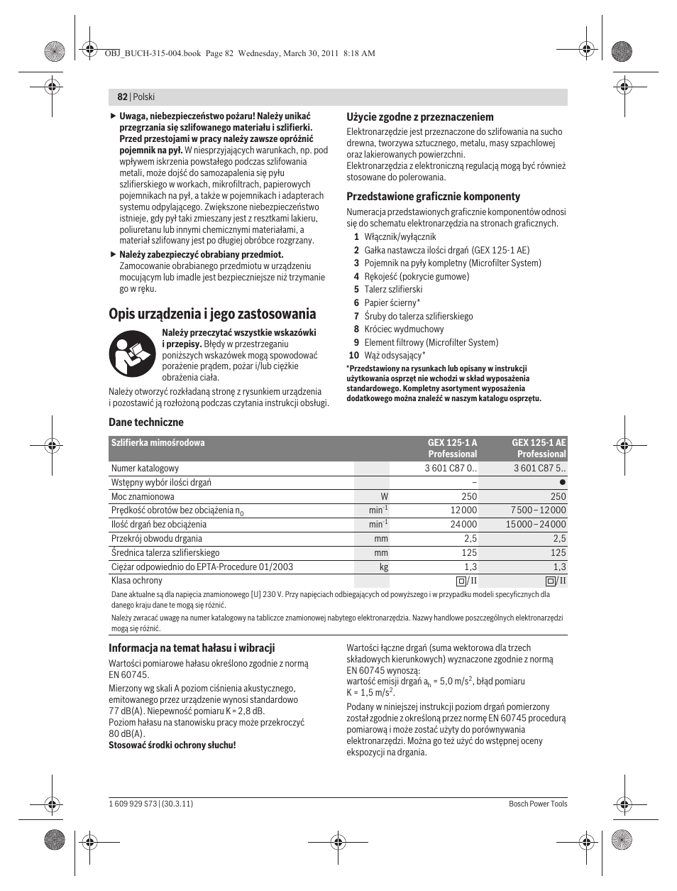 Opis urządzenia i jego zastosowania | Bosch GEX 125-1 AE Professional User Manual | Page 82 / 173