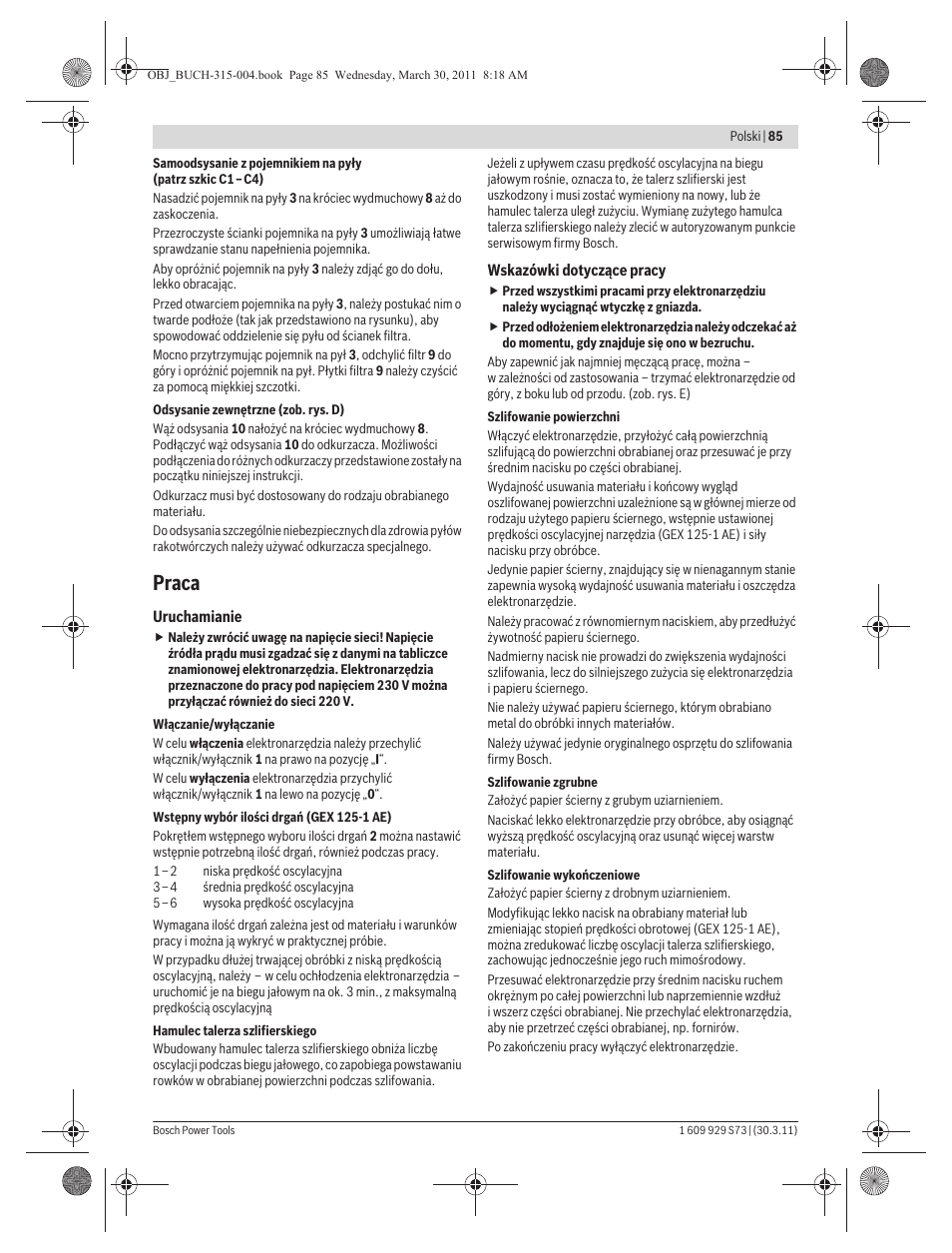 Praca | Bosch GEX 125-1 AE Professional User Manual | Page 85 / 173
