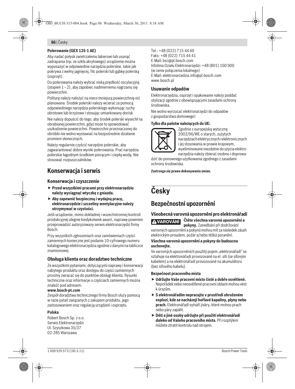 Česky, Konserwacja i serwis, Bezpečnostní upozornění | Bosch GEX 125-1 AE Professional User Manual | Page 86 / 173