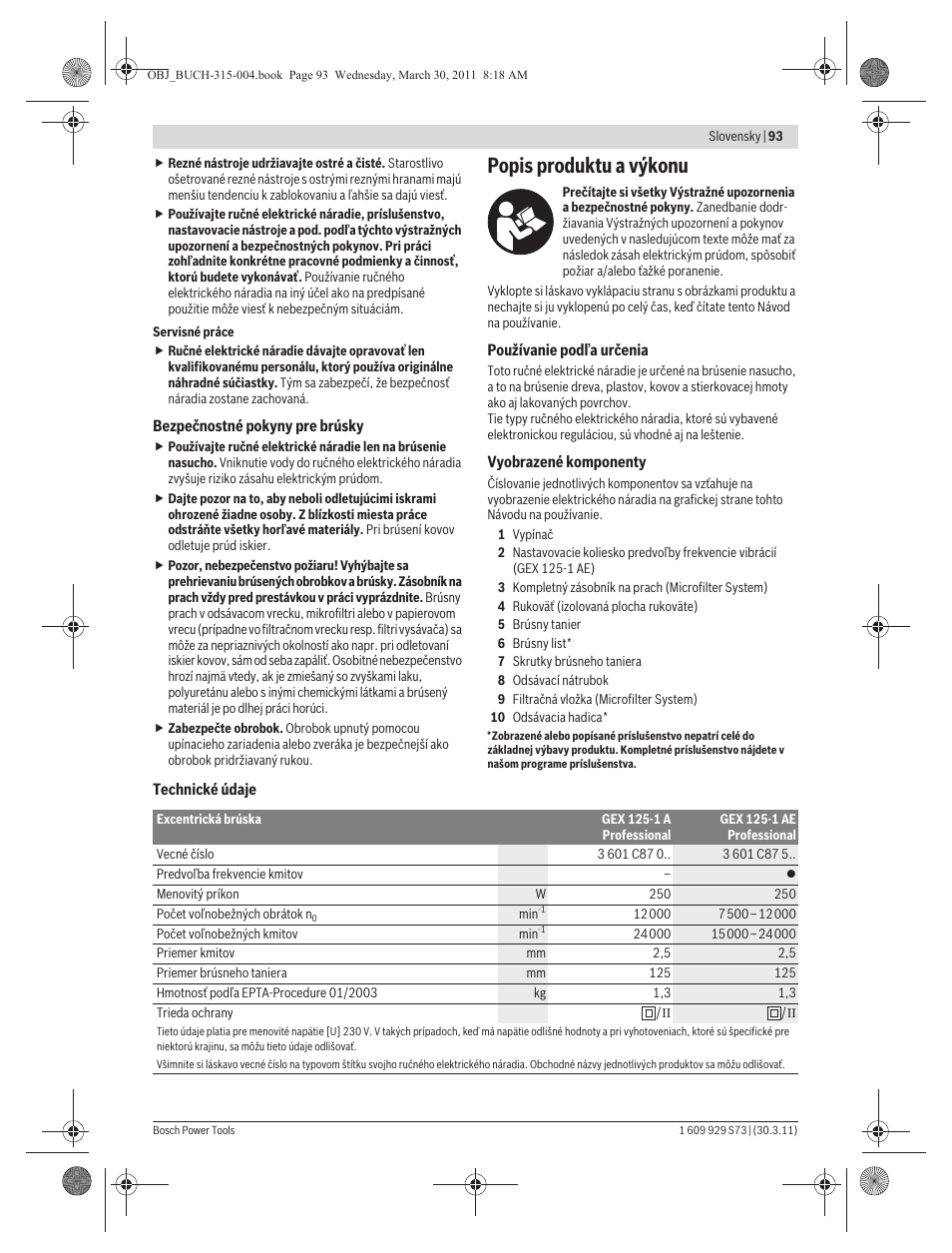 Popis produktu a výkonu | Bosch GEX 125-1 AE Professional User Manual | Page 93 / 173
