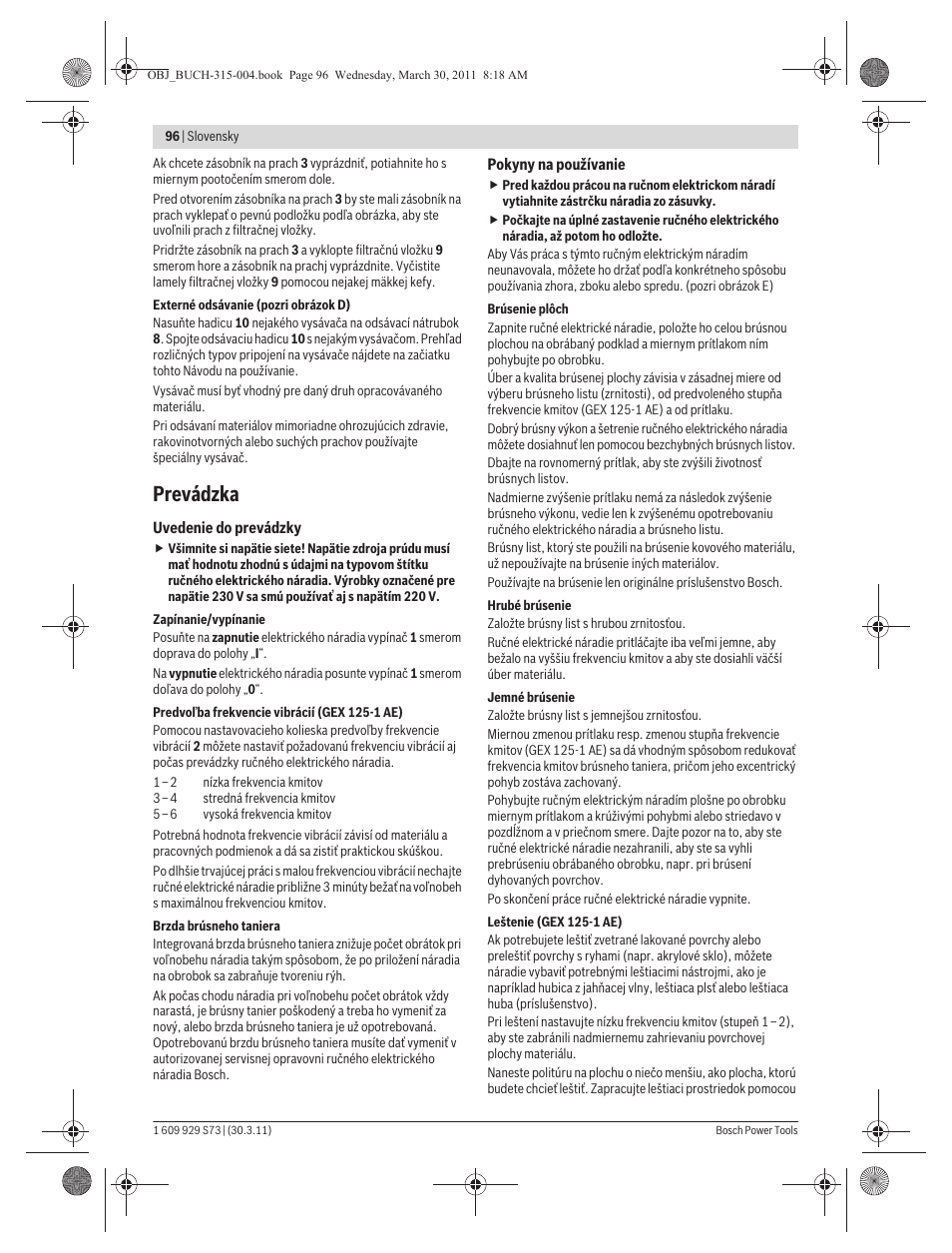 Prevádzka | Bosch GEX 125-1 AE Professional User Manual | Page 96 / 173