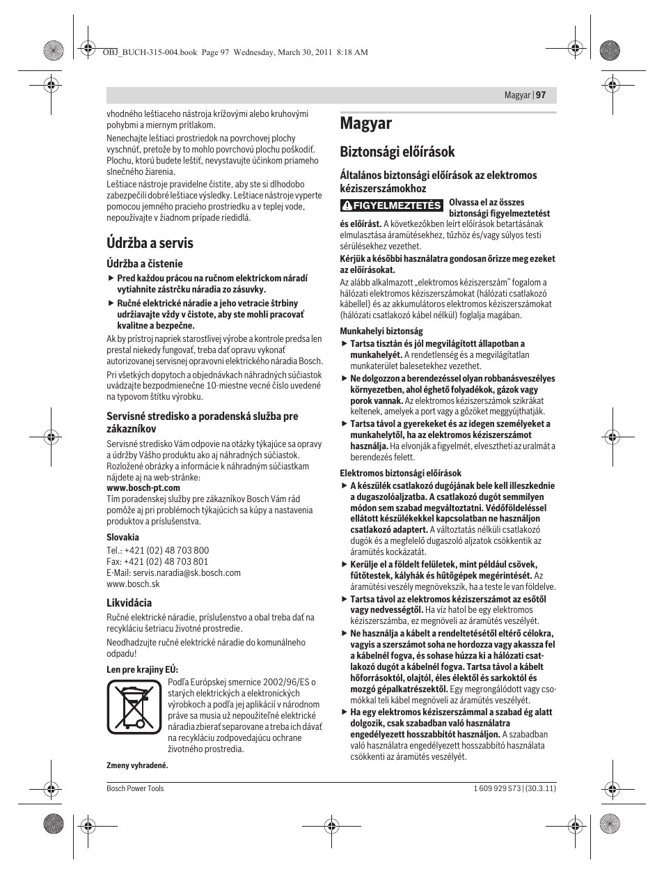 Magyar, Údržba a servis, Biztonsági előírások | Bosch GEX 125-1 AE Professional User Manual | Page 97 / 173