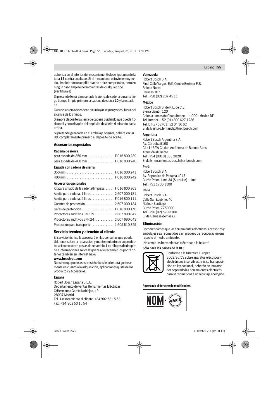Accesorios especiales, Servicio técnico y atención al cliente, Eliminación | Bosch GKE 35 BCE Professional User Manual | Page 55 / 320