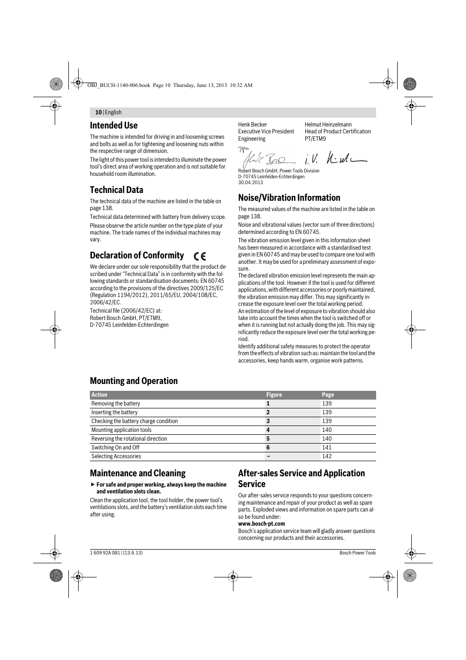 Intended use, Technical data, Declaration of conformity | Noise/vibration information, Mounting and operation maintenance and cleaning, After-sales service and application service | Bosch GDS 18 V-LI HT Professional User Manual | Page 10 / 142