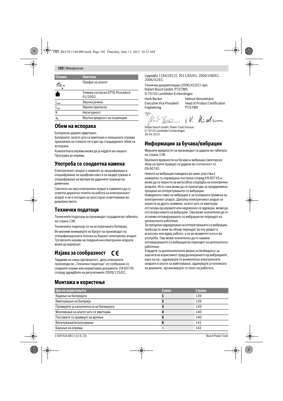 Обем на испорака, Употреба со соодветна намена, Технички податоци | Изјава за сообразност, Информации за бучава/вибрации, Монтажа и користење | Bosch GDS 18 V-LI HT Professional User Manual | Page 102 / 142