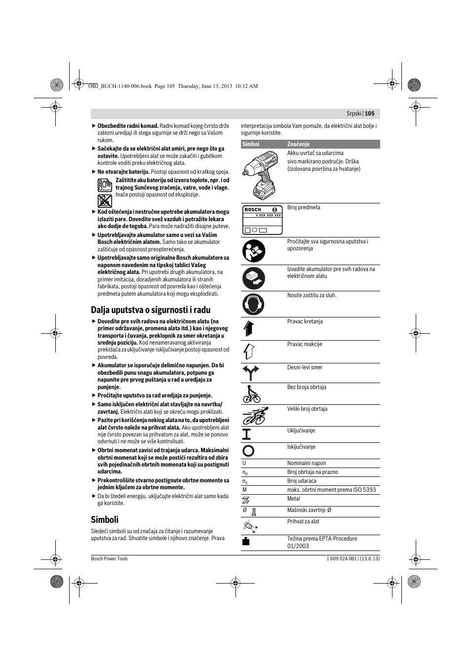 Dalja uputstva o sigurnosti i radu, Simboli | Bosch GDS 18 V-LI HT Professional User Manual | Page 105 / 142